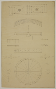 216752 Plattegrond, aanzicht en details van het ijzeren draaibare gedeelte van het ontwerp voor een dubbele draaibrug ...